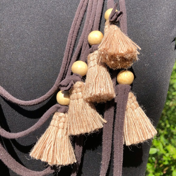 Brown Recycled Fabric Graduated Multi Strand Necklace Wood Beads Burlap Tassels - Picture 3 of 7